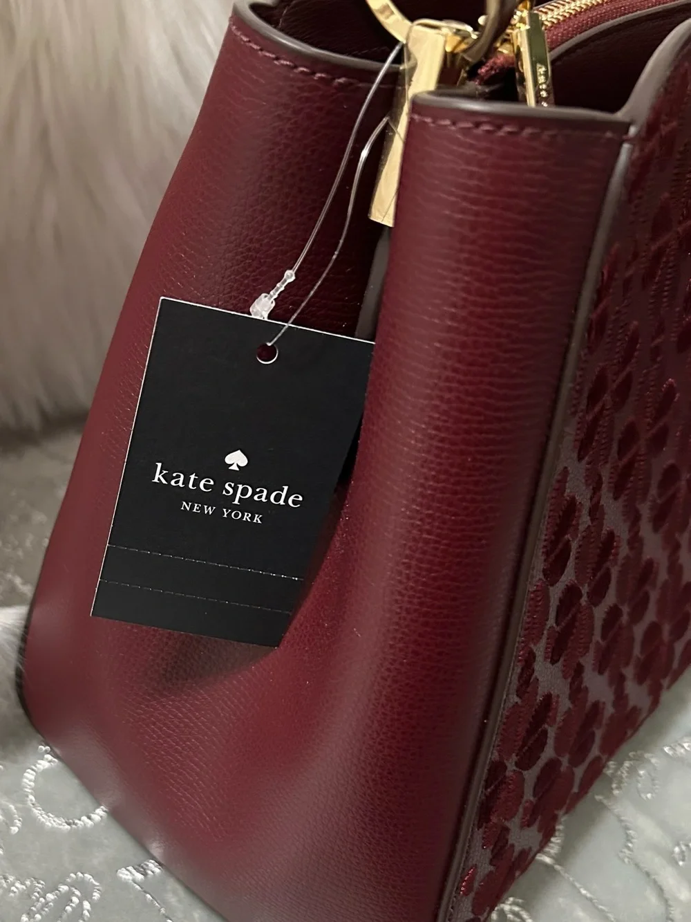 NWT Kate Spade Burgundy Quilted Floral Top-Handle Satchel and matching wallet
